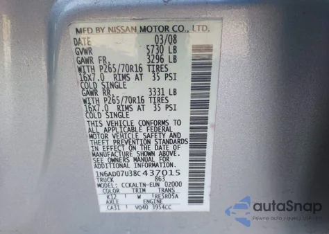 2008 Nissan Frontier Se from USA, damaged, VIN 1N6AD07U38C437015